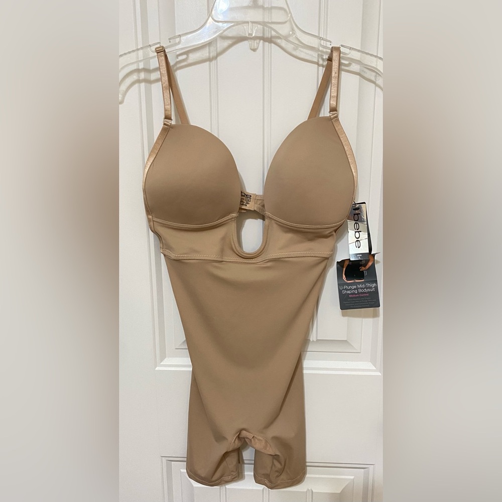 Bebe Womens Nude U-Plunge Mid-Thigh Shape wear Bodysuit Medium Control Large New